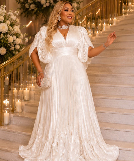 Dramatic White Crystal-Embellished Sleeve Draped Pleated Dress for Birthday Celebrant Engagement Ceremony Mother of The Bride Wedding Guest