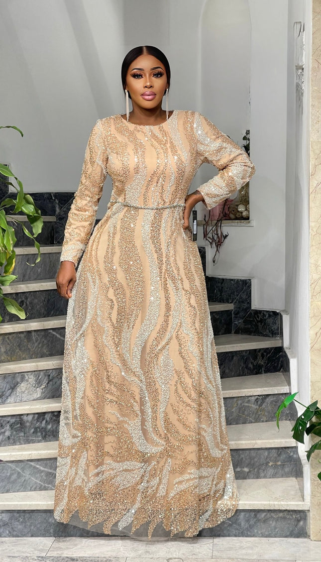 Plus Size Gold Beaded Wedding Guest Dress, Mother of The Bride Maxi Gown, Party Evening Wear Fashion Anniversary Birthday Gala Dinner Cocktail