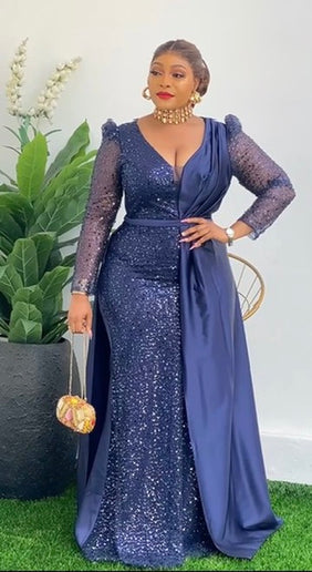 Plus Size Red Sequin Long Sleeve Cape Maxi Gown for Mother of The Bride Photoshoot Engagement Cocktail Ceremony Anniversary