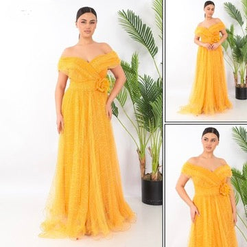 Yellow Off-The-Shoulder Fit & Flare Maxi Dress