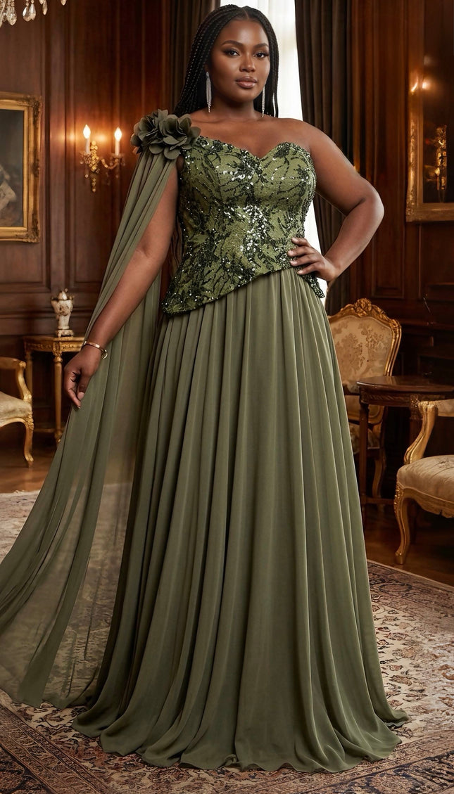 Green One-Shoulder Draped Embellished Maxi Dress for Mother of The Bride Photoshoot Birthday Cocktail Dinner Wedding Guest Outfit