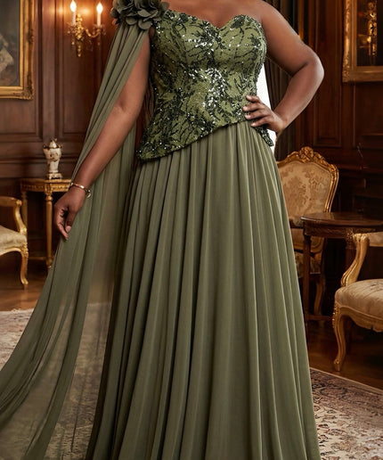 Green One-Shoulder Draped Embellished Maxi Dress for Mother of The Bride Photoshoot Birthday Cocktail Dinner Wedding Guest Outfit