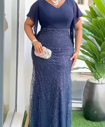 V-Neck Cape Sleeve Embellished Party Dress | Wedding Guest Mother of The Bride Gala Anniversary Birthday