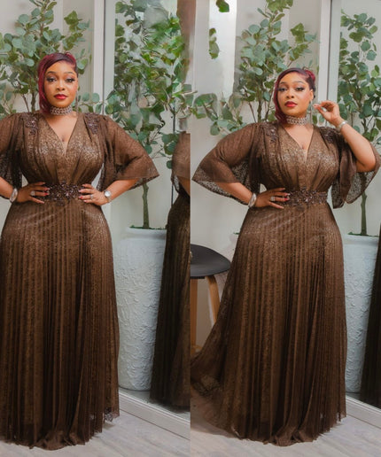 Black Flare Sleeve Applique Embellished Pleated Flowy Maxi Dress for Cocktail Dinner Party Mother of The Bride