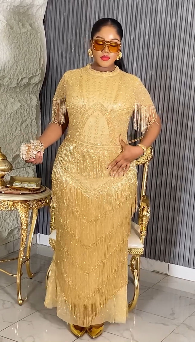 Beaded Fringe Embellished Maxi Dress | Anniversary Cocktail Birthday Reception Wedding Guest