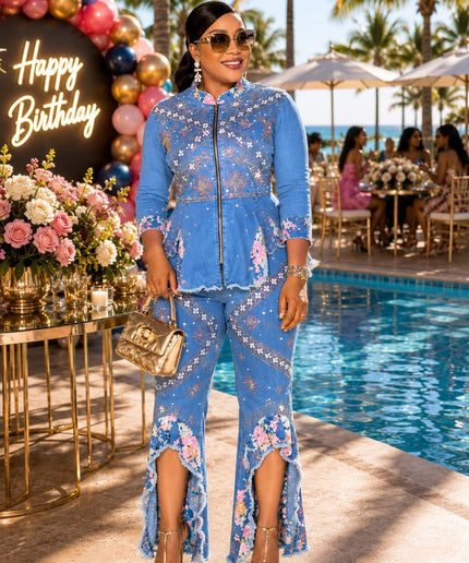 Denim & Diamonds Birthday Party Dinner Ladies Night Get-Together Outfit - Rhinestone Peplum Top & Matching Flare Pants Stretch Jeans 2-Piece Set