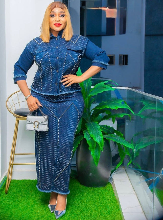 Rhinestone Denim Shirt and Skirt Party Outfit, Matching 2 Piece Set, Cotton Stretch Jeans Hot Gyal Curvy Fashion Birthday Ladies Night Date Dance Concert Casual Wear