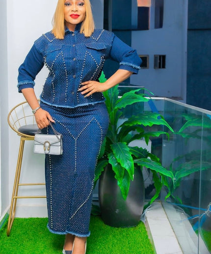 Rhinestone Denim Shirt and Skirt Party Outfit, Matching 2 Piece Set, Cotton Stretch Jeans Hot Gyal Curvy Fashion Birthday Ladies Night Date Dance Concert Casual Wear