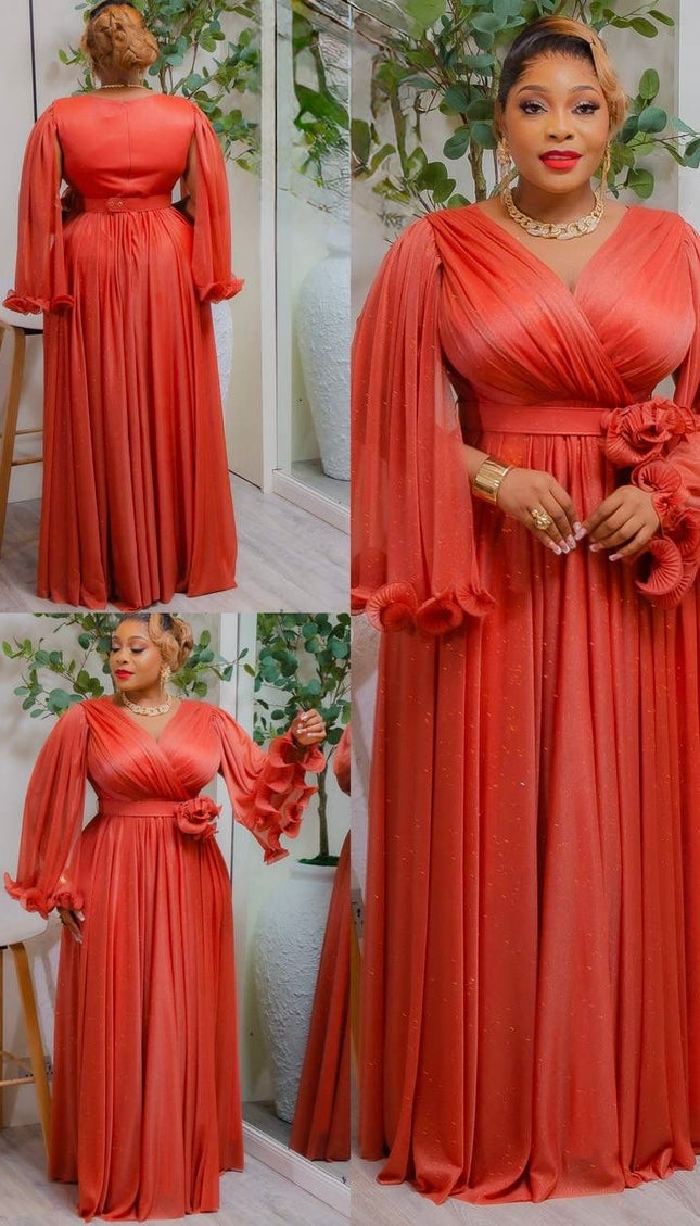 Orange Cape Sleeve Ruffle Pleated Maxi Dress: Mother of The Bride Wedding Guest Birthday Party Cocktail Church Anniversary