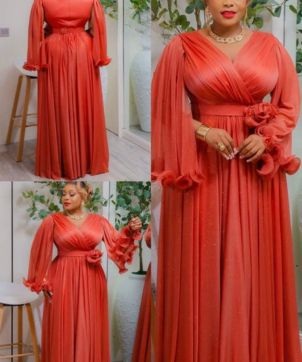 Orange Cape Sleeve Ruffle Pleated Maxi Dress: Mother of The Bride Wedding Guest Birthday Party Cocktail Church Anniversary