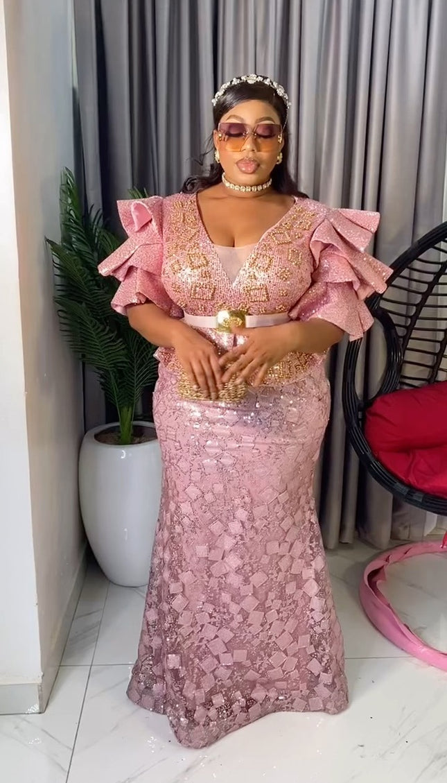 Sequin Embellished Ruffle Sleeve Peplum Maxi Dress