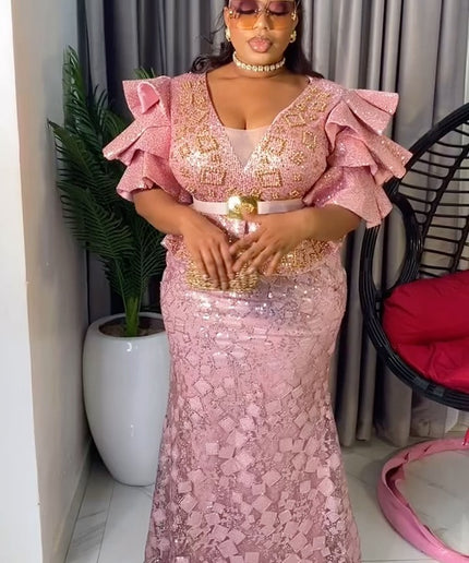Sequin Embellished Ruffle Sleeve Peplum Maxi Dress