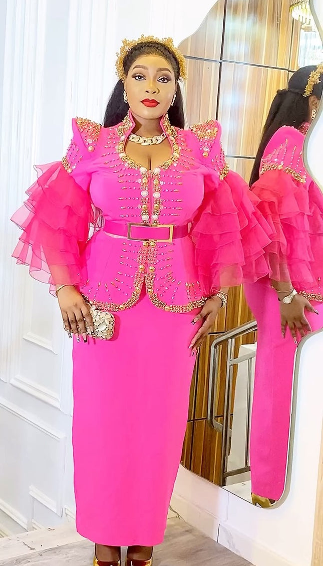 Ruffle Sleeve Embellished Blouse and Skirt