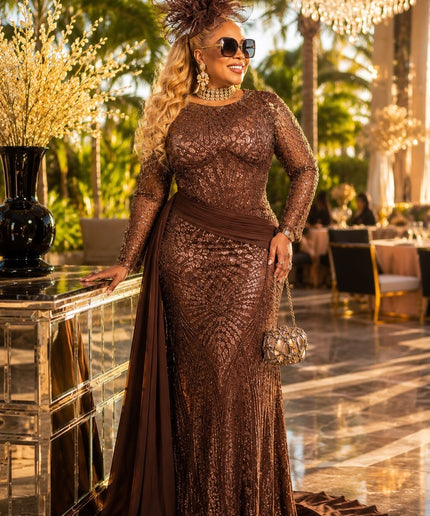 "Love, Lace & Luxury" Beige Sequin Embellished Wedding Guest Dress Floor-Length Draped Formal Evening Gown Mother ofThe Bride Church Gala