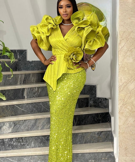 Dramatic Ruffle Sleeve Sequin Maxi Dress | Wedding Guest Look Birthday Party Mother of The Bride