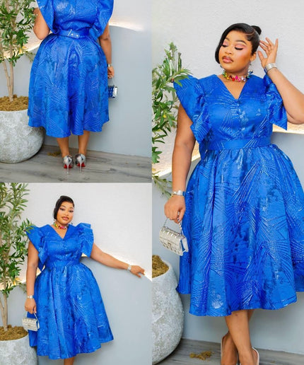 Blue Brocade Flare Sleeve Twirl Skater Midi Dress for Wedding Guest Birthday Photoshoot