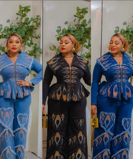 Denim on Denim 2-Piece Outfit Set Rhinestones Stretch Curvy Jeans