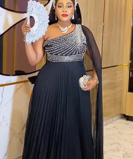One Shoulder Mother of The Bride A-Line Gown, Elegant Wedding Guest Dress Long Maxi Pleated, Cocktail Reception Evening Wear