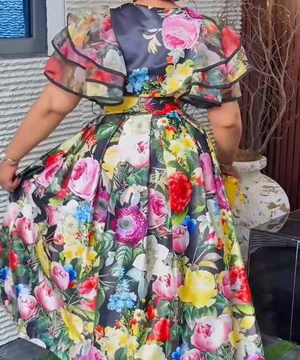 Yellow Ruffle Sleeve Floral Midi Dress - Wedding Guest Graduation Dinner Birthday Photoshoot