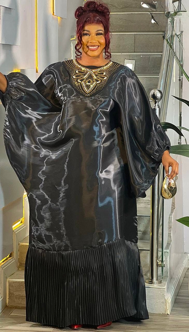 Green Liquid Organza Beaded Embellished Pleated Kaftan Maxi Dress for Mother of The Bride Engagement Birthday Party Church Anniversary African Bubu Gown Wedding Guest Outfit Formal Evening Gown