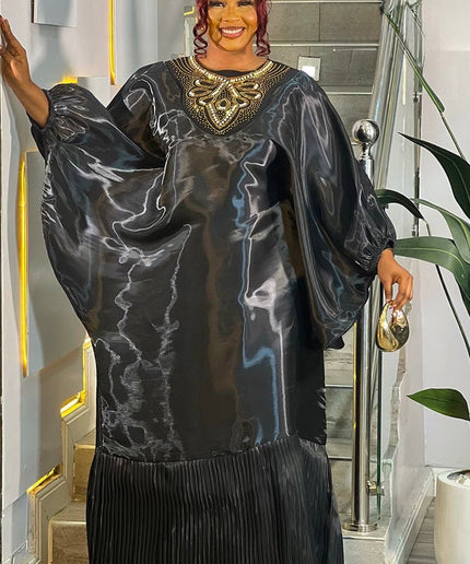 Elegant Black Liquid Organza Beaded Embellished Pleated Kaftan Maxi Dress for Mother of The Bride Engagement Birthday Party Church Anniversary African Bubu Gown Wedding Guest Outfit Formal Evening Gown