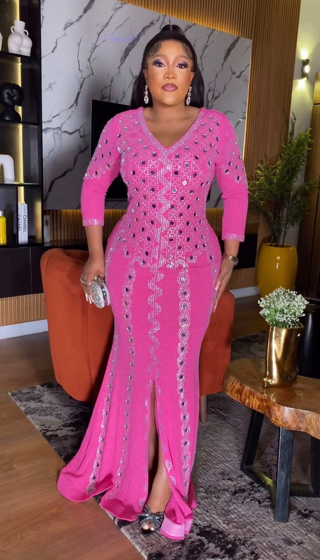 Mirrored Embellished Front Slit Maxi Gown Pink