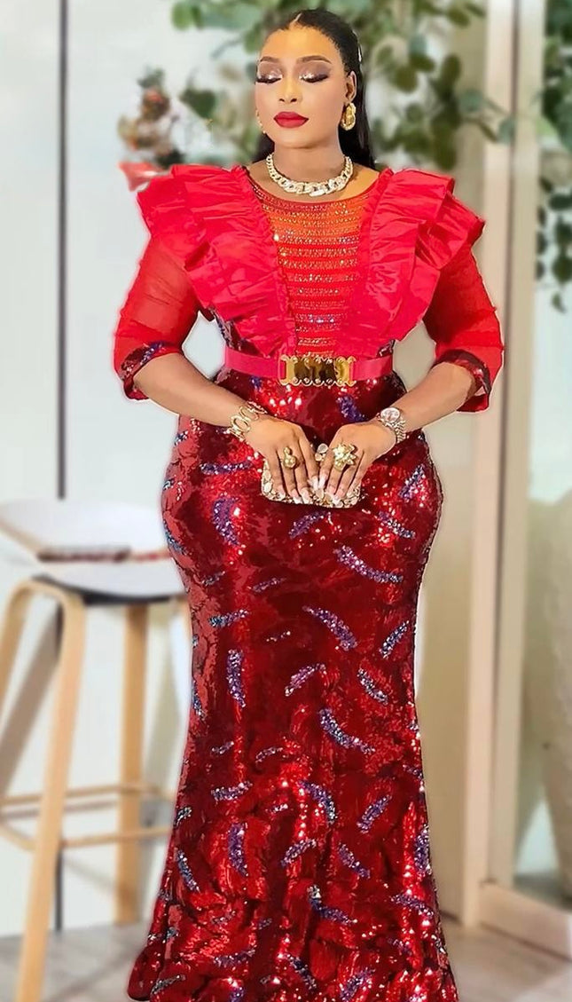 Red Sequin Ruffle Mermaid Dress - Mother of the Bride Maxi Gown Wedding Guest Birthday Party