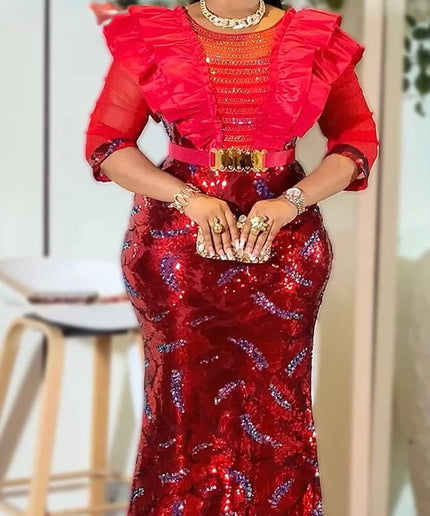 Red Sequin Ruffle Mermaid Dress - Mother of the Bride Maxi Gown Wedding Guest Birthday Party