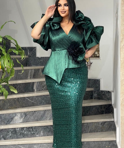 Dramatic Ruffle Sleeve Sequin Maxi Dress | Wedding Guest Look Birthday Party Mother of The Bride