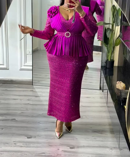 Sequin Pleated Peplum Maxi Dress | Women's Plus Size Evening Wear Wedding Guest Party Birthday