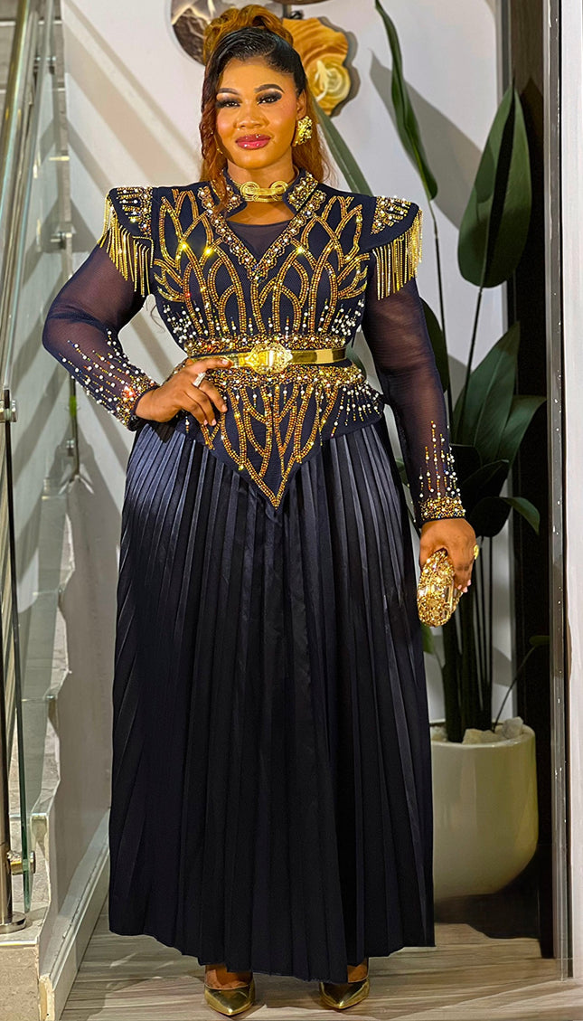Black Embellished Pleated Maxi Dress: Mother of The Bride Photoshoot Anniversary