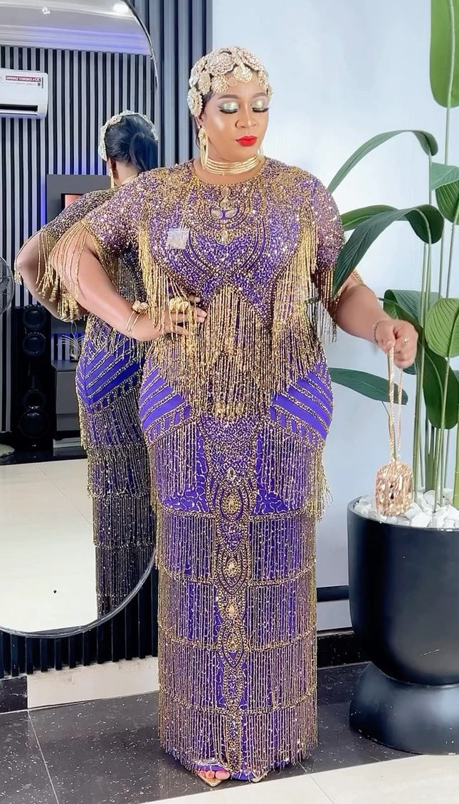 Metallic Gold Fringe Crystal Beaded Maxi Dress | Bridal Evening Gown Wedding Guest Birthday Party Mother of The Bride Graduation