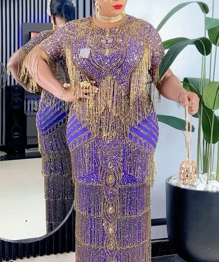 Metallic Gold Fringe Crystal Beaded Maxi Dress | Bridal Evening Gown Wedding Guest Birthday Party Mother of The Bride Graduation