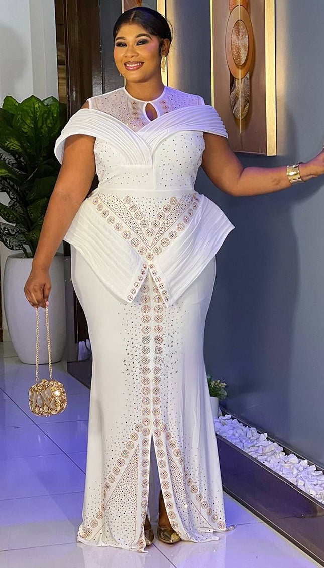 Dramatic Shoulder Embellished Peplum White Maxi Dress: Wedding Guest Attire Mother of The Bride Graduation Party