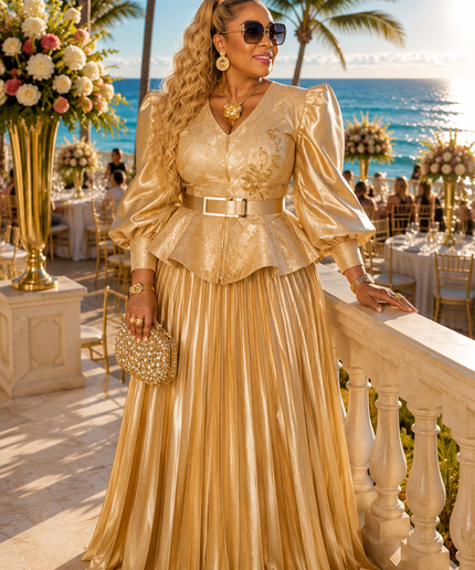 Statement Black Embroidered Applique Puff Sleeve Peplum Pleated Twirl A-Line Skirt Set, 2-Piece Women's Suit for Mother of Bride Wedding Guest Church Gala Cocktail Birthday Party Reception