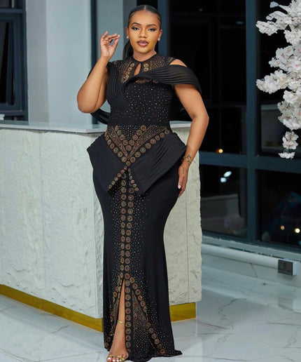 Dramatic Shoulder Embellished Peplum Maxi Dress: Wedding Guest Attire Mother of The Bride Graduation Party