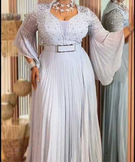 Glamorous Gold Embellished Wide Sleeve Pleated Maxi Dress, Floor Length Formal Evening Gown for Mother of The Bride Wedding Guest Cocktail Gala Anniversary Plus Size