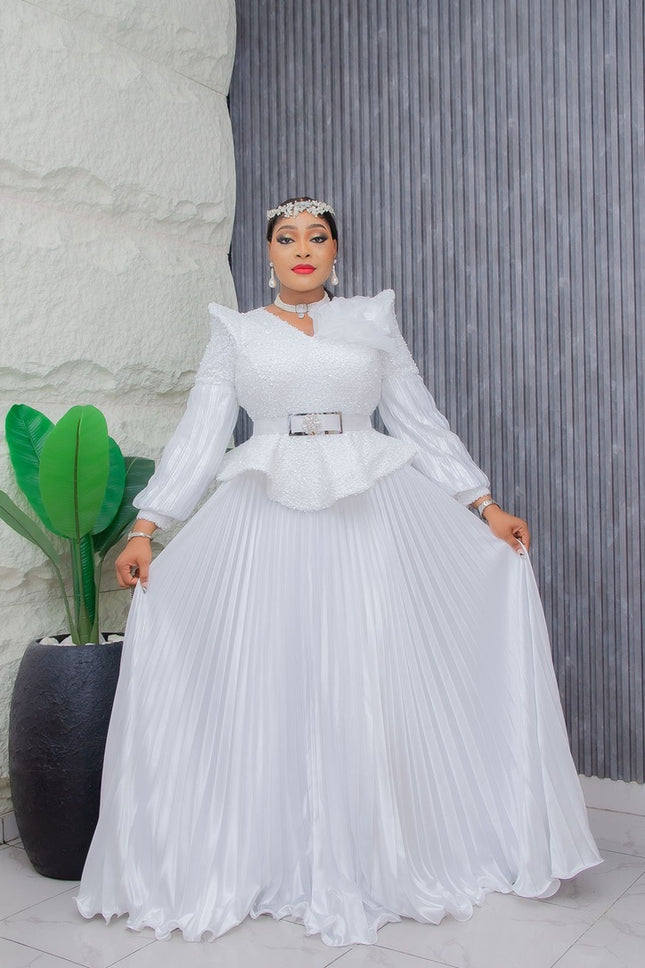 Dramatic Shoulder Sequin White Maxi Dress | Wedding Guest Gala Birthday Party Mother of The Bride