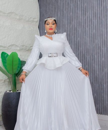 Dramatic Shoulder Sequin White Maxi Dress | Wedding Guest Gala Birthday Party Mother of The Bride