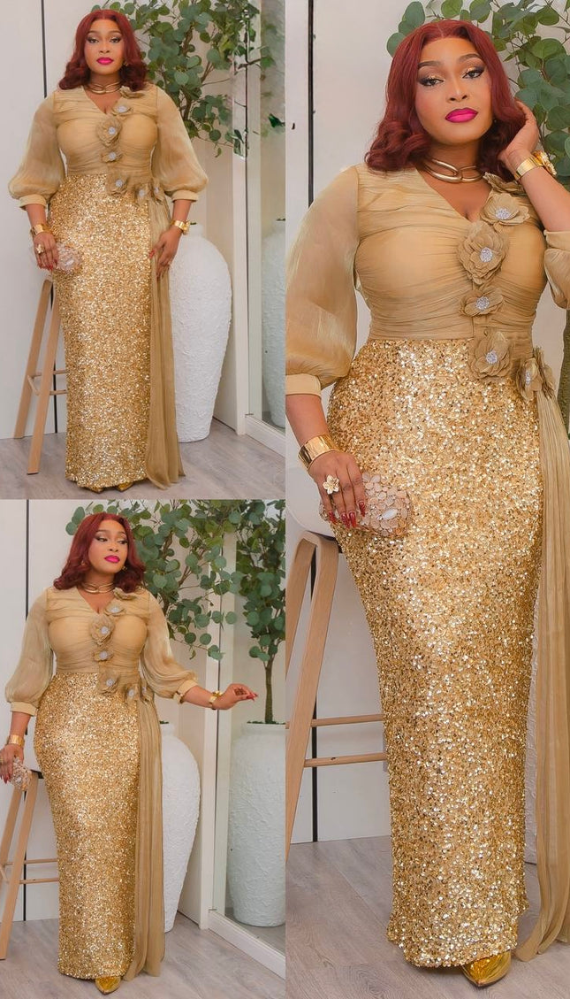 Gold Sequin Embellished Draped Maxi Dress: Wedding Mother of The Bride Cocktail Birthday Party