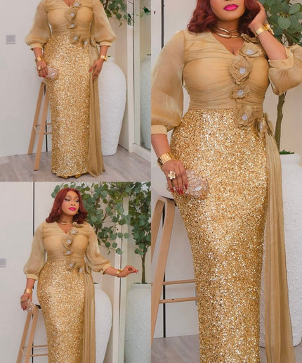 Gold Sequin Embellished Draped Maxi Dress: Wedding Mother of The Bride Cocktail Birthday Party