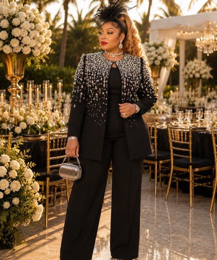 "Pretty in Pink" Rhinestone Embellished 3-Piece Wide-Leg Pant Suit Set, Jacket Pants Camisole: Formal Wedding Guest Holiday Cocktail Party Church Reception Anniversary Mother of The Bride