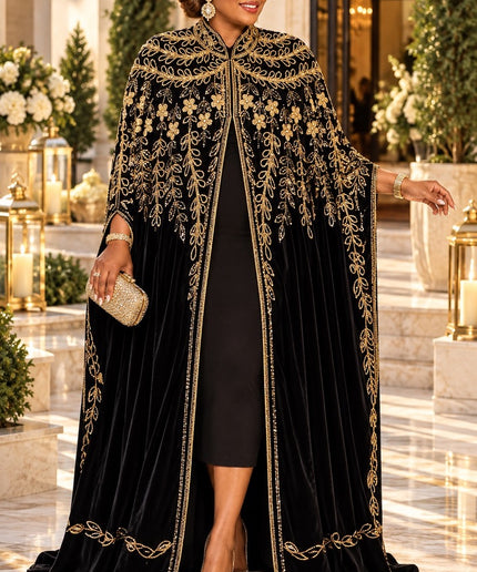 Luxury Black & Gold Beaded Embroidery Velvet Kaftan Cape Dress 2-Piece Set for Holiday Cocktail Party Wedding Guest Birthday Dinner Church Gala Formal Caftan Gown Plus Size