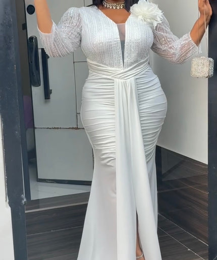 White Embellished Ruched Draped Maxi Dress for Engagement Ceremony Wedding Guest Anniversary Dinner Cocktail Photoshoot