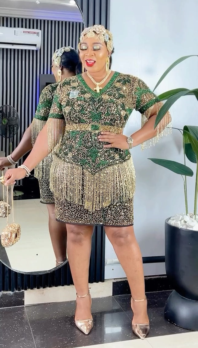 Crystal Embroidered Fringe Midi Dress | Wedding Party Prom Birthday Celebrant