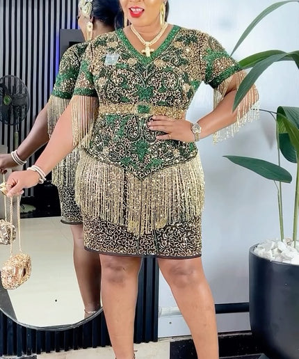 Crystal Embroidered Fringe Midi Dress | Wedding Party Prom Birthday Celebrant