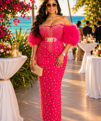 Pink Embellished Ruffled Off-The-Shoulder Peplum 2-Piece Skirt Set Mother of The Bride Engagement Ceremony Birthday Celebrant Cocktail Reception Summer Wedding Guest Outfit