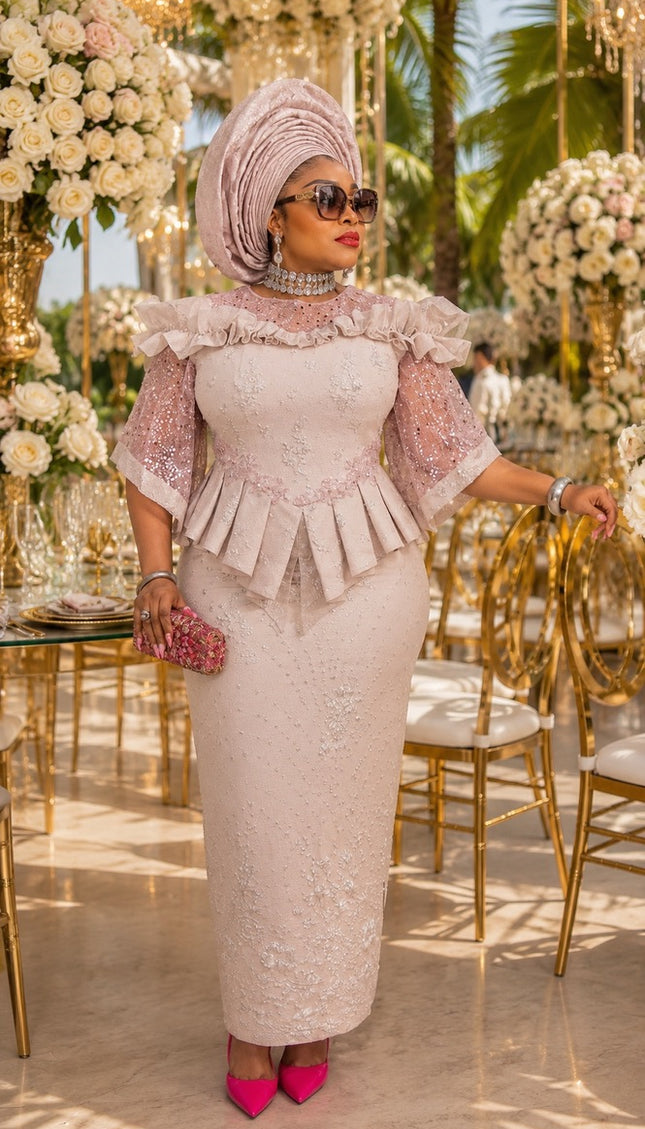 Standout Purple Sequin Embellished Ruffle Peplum Top & Skirt Set for Mother of The Bride Wedding Guest Celebrant Birthday Party Cocktail Reception Church Anniversary