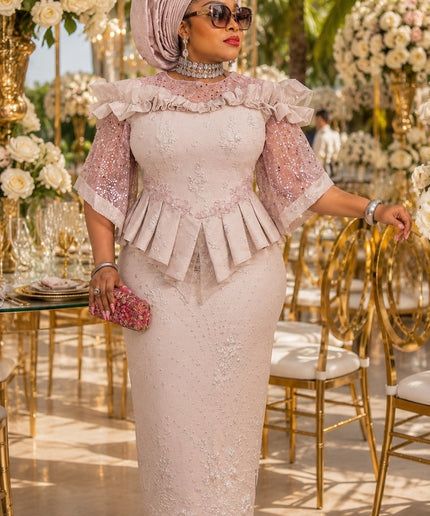 Standout Purple Sequin Embellished Ruffle Peplum Top & Skirt Set for Mother of The Bride Wedding Guest Celebrant Birthday Party Cocktail Reception Church Anniversary