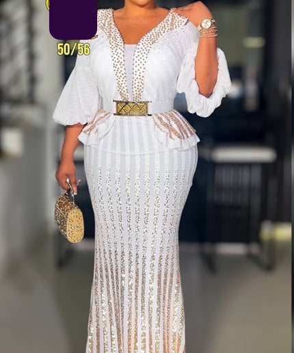 White Sequin Embellished Maxi Dress